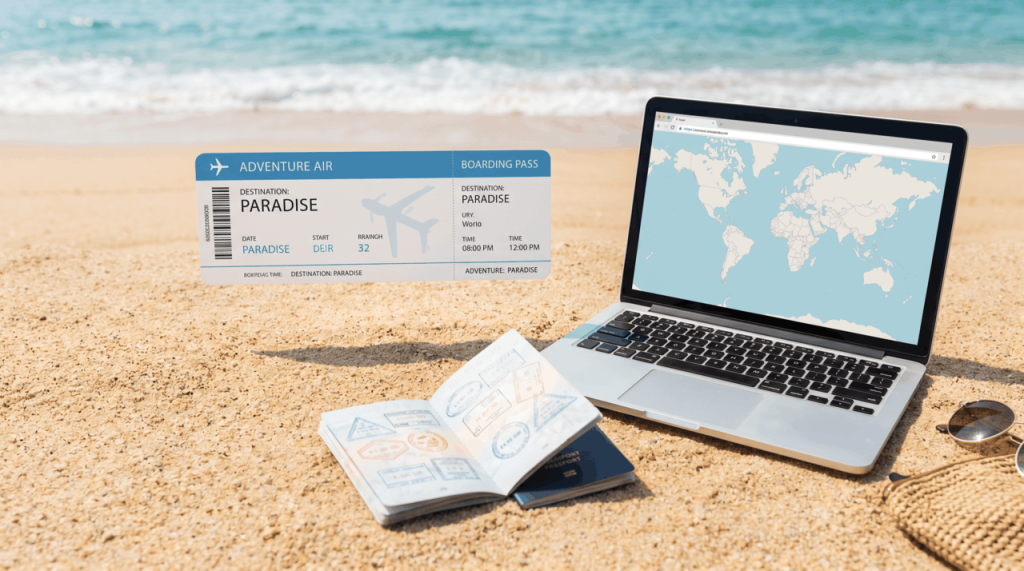 Laptop, passport with visa stamps, and oversized boarding pass arranged on golden tropical beach sand with turquoise ocean in background